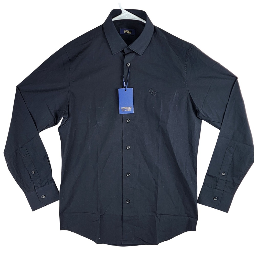 Cavalli Class Slim Fit Logo Shirt Mens 15.5 Black‎ Designer Long Sleeve Luxury